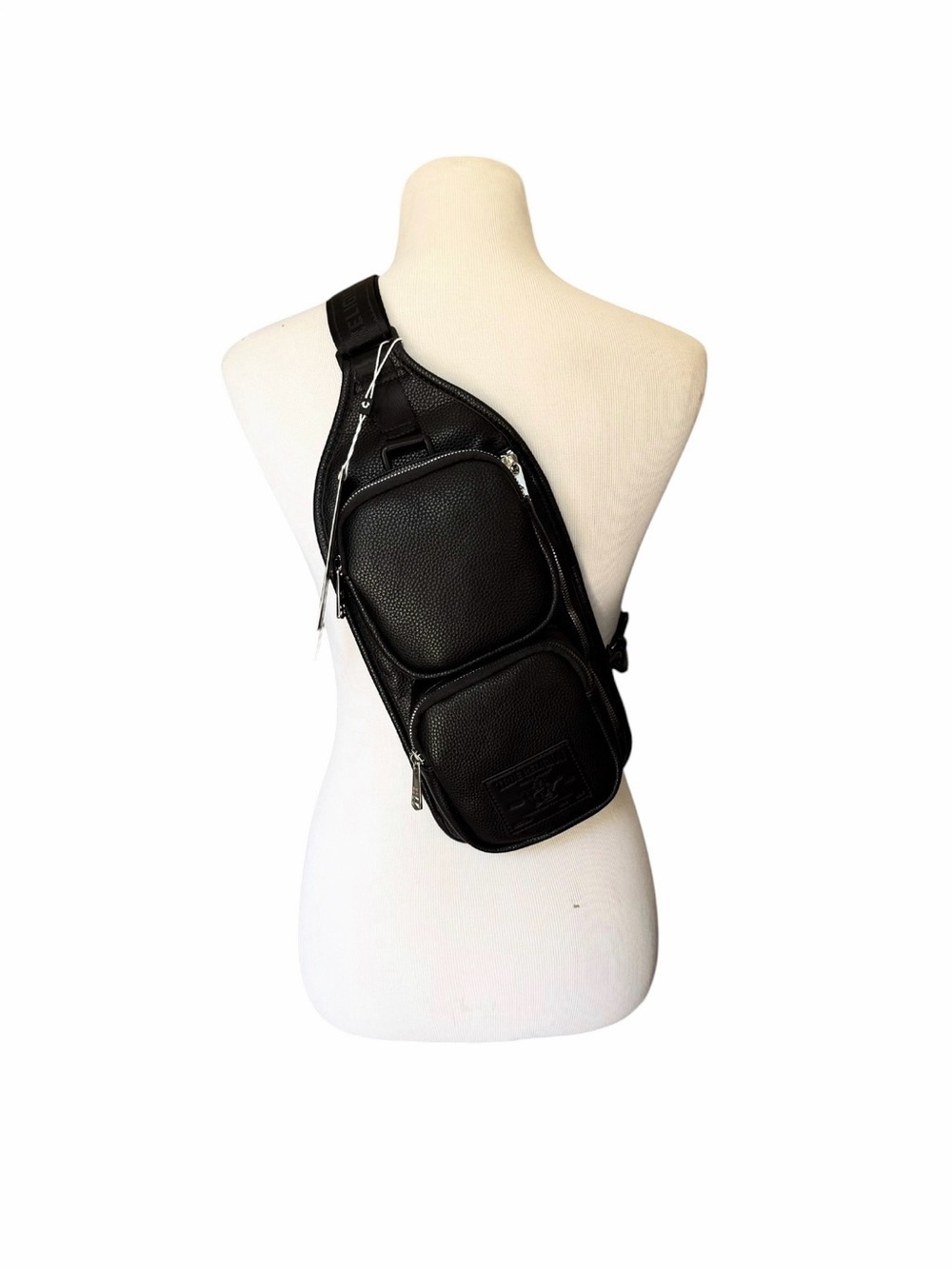 NWT True Religion Black Faux Leather Sling Backpack Chest Bag Mens